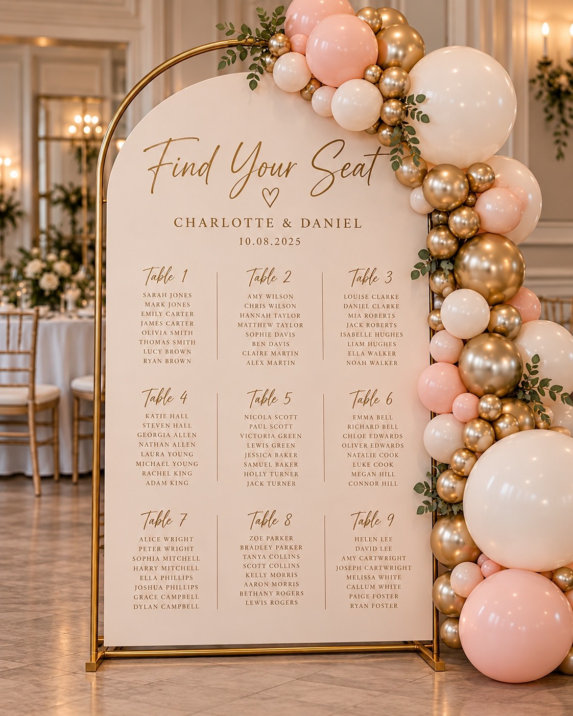 Personalised seating plan in blush, ivory and gold