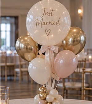 Just Married balloon bouquet in blush, ivory and gold
