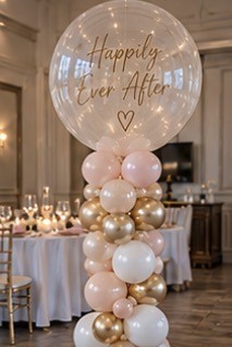 Happily Ever After balloon column in blush, ivory and gold